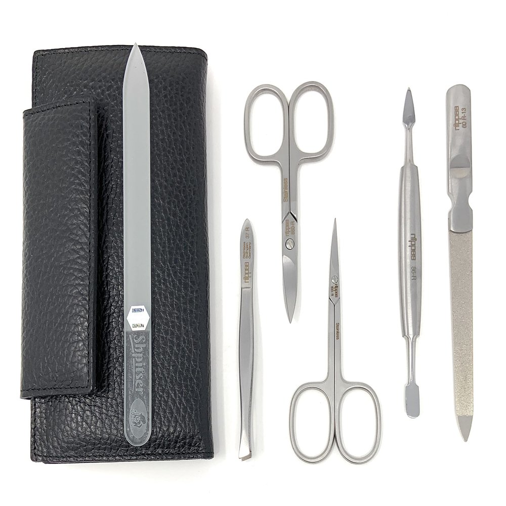 5-Pieces Luxury German Manicure Pedicure Set Premium Stainless Steel Grooming Kit Hand Made in Solingen Germany in Genuine Cowhide Leather Case with Bonus Shpitser Crystal Glass Professional Nail File