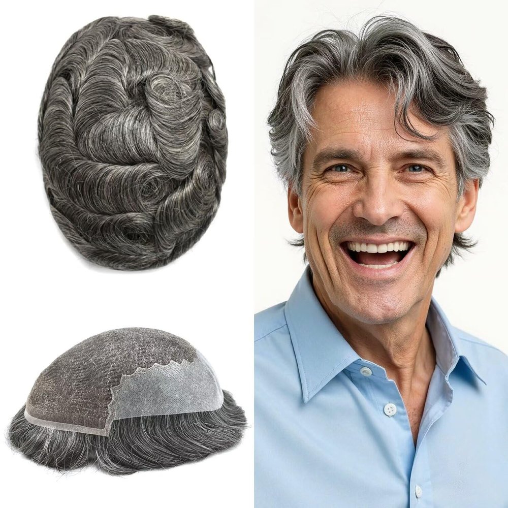 Toupee for Men Real Human Hair Replacement System French Lace Front Mens Toupee Bleached Knots Man Wigs Soft with Gray Hair Units (8X10"-110% Density, 1B60 1B# OFF BLACK WITH 60% SYNTHETIC GREY)