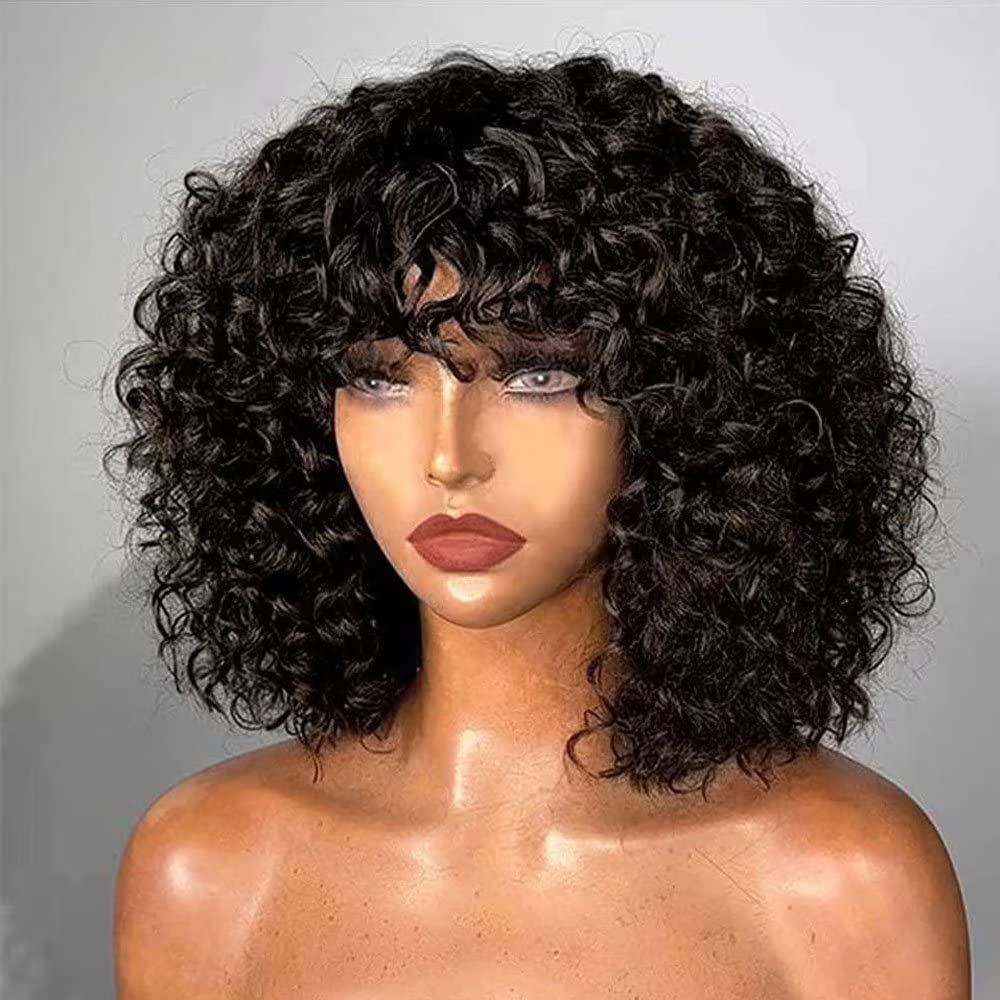 200% Density Bob Wig Short Curly Human Hair Wigs Pixie Cut Human Hair Wig For Black Women Full Machine Made Wig Fringe Bob Wigs With Bangs Natural Black Color 14Inch