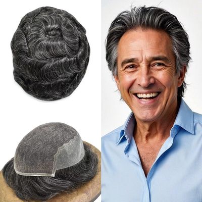 Mens Toupee Human Hair Piece French Lace Front Toupee for Men Indian Human Hair System Replacement Bleached Front Male Wigs(6X9"-110% Density, 1B30 1B# OFF BLACK WITH 30% SYNTHETIC GREY)