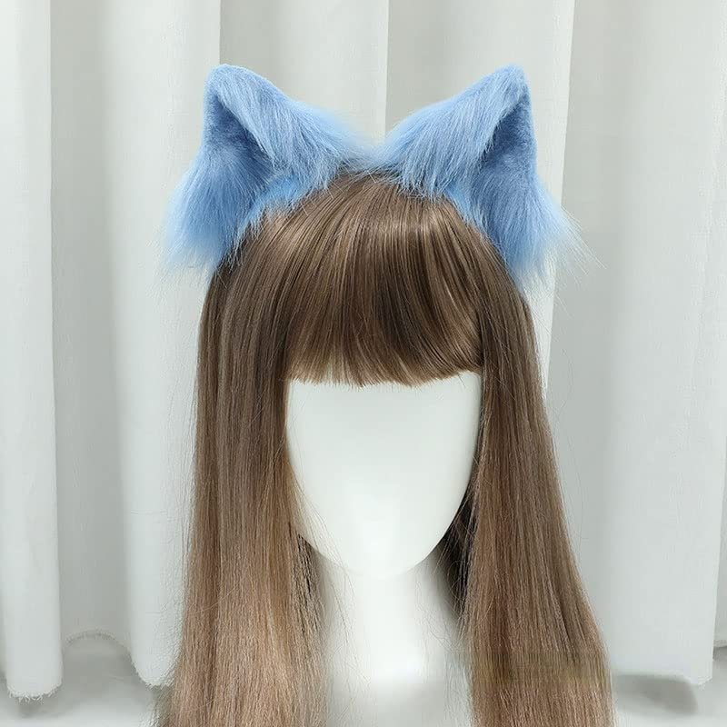 Lolita Cute Side Clip plush animal ear Headdress hand made fake animal ear hair clip cosplay party hair clip (Blue)