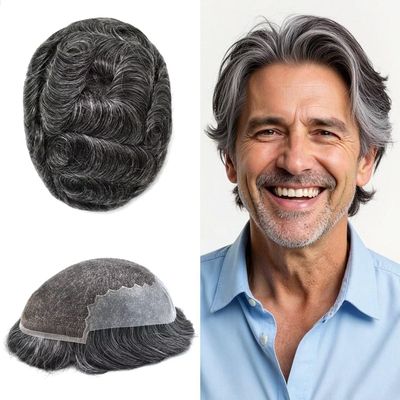 Toupee for Men Human Hair Piece Human Hair Replacement System Swiss Lace Mens Toupee Clear Poly Mens Hair Units Natural Hairline(8X10"-100% Density, 1B40 1B# OFF BLACK WITH 40% SYNTHETIC GREY)