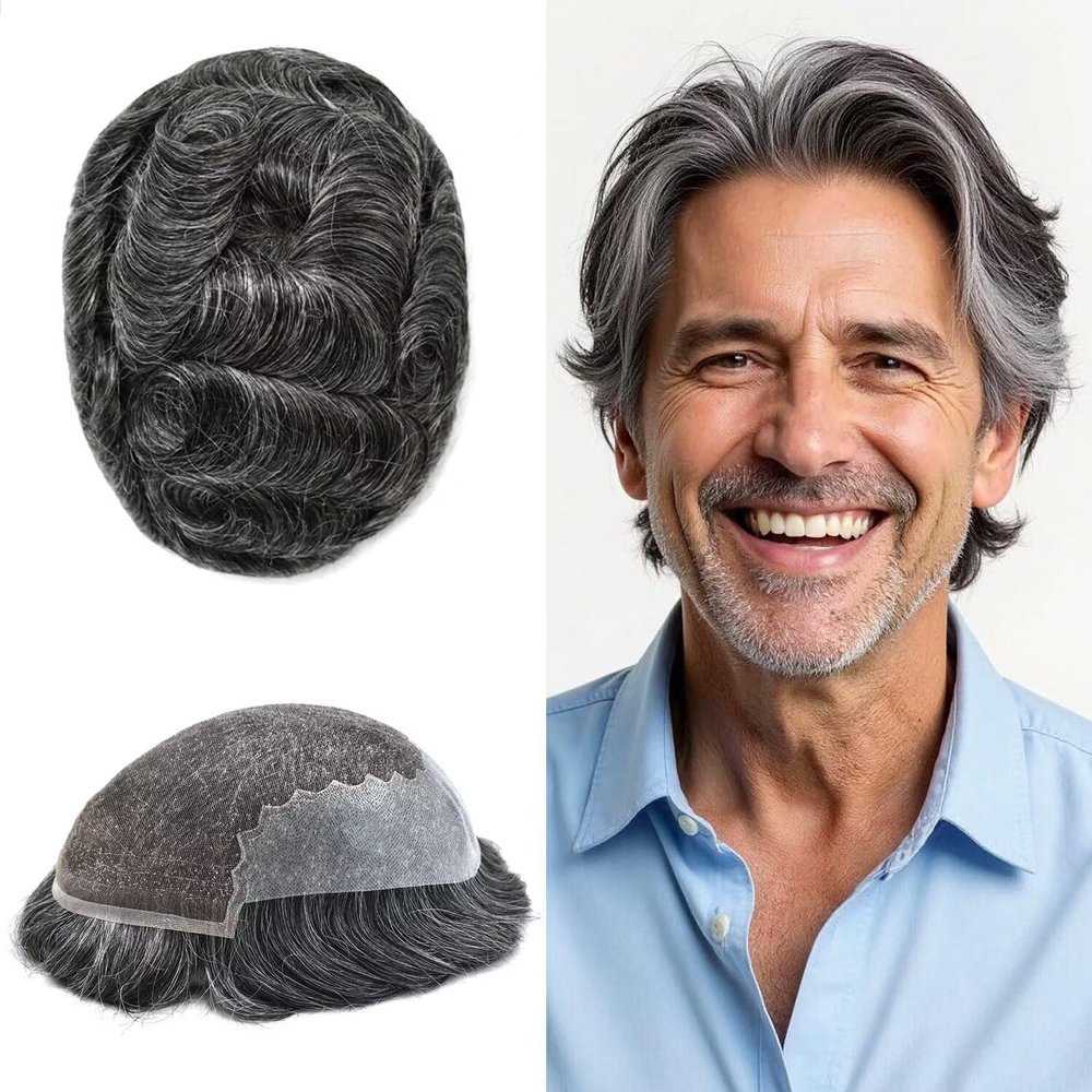 Toupee for Men Human Hair Piece Human Hair Replacement System Swiss Lace Mens Toupee Clear Poly Mens Hair Units Natural Hairline(8X10"-100% Density, 1B40 1B# OFF BLACK WITH 40% SYNTHETIC GREY)