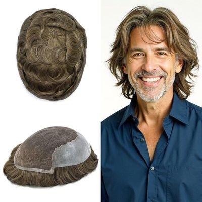 Hair System for Men Lace Front Mens Toupee Human Hair Piece French Lace Toupee for Men Poly Mens Hair Piece Bleached Knots Mens Wig(8X10"-110% Density, 610 6# LIGHT BROWN WITH 10% SYNTHETIC GREY)