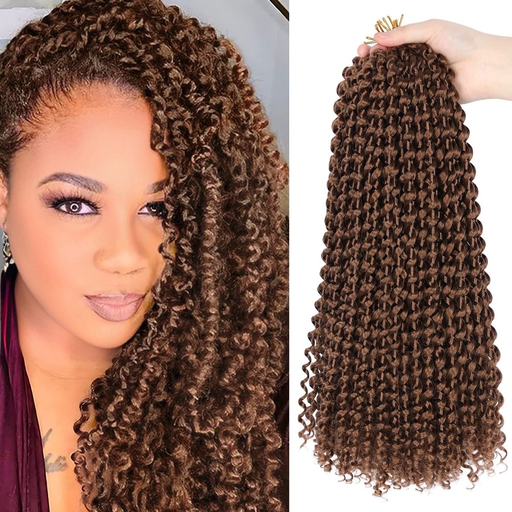 14 Inch Passion Twist Hair, Brown Water Wave Crochet Hair 22 Strands/Pack Passion Twist Crochet Hair For Women Short Passion Twists Braiding Hair Curly Braiding Hair (14 Inch (Pack of 2), #30)