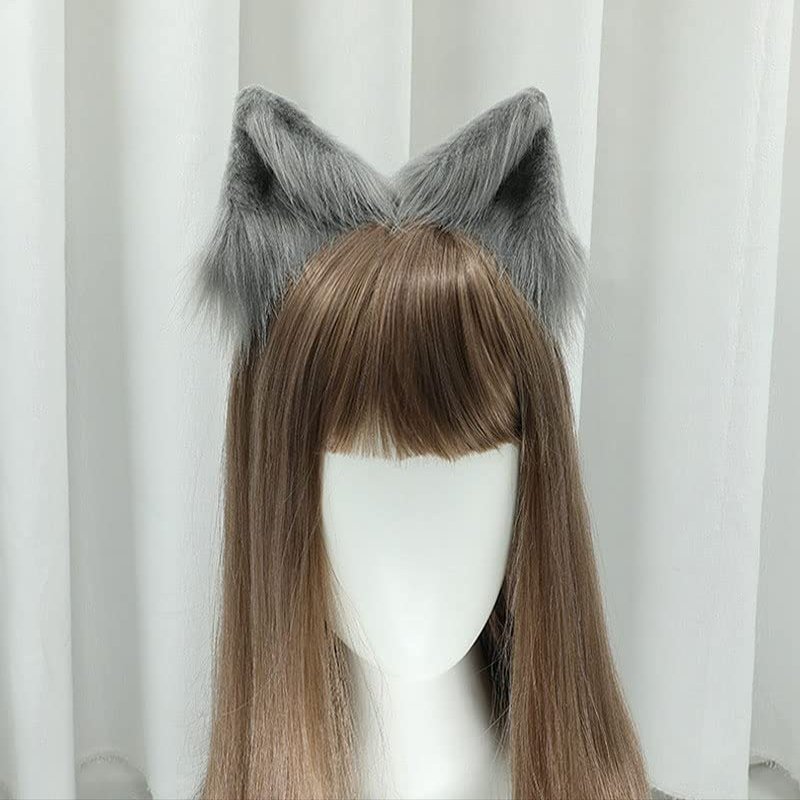Lolita Cute Side Clip plush animal ear Headdress hand made fake animal ear hair clip cosplay party hair clip (Grey)