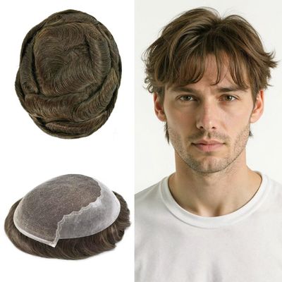 Human Hair System for Men French Lace Front Mens Toupee Human Hair Replacement System Bleached Frontal Knots Male Hair Prosthesis(6X9"-110% Density, 4# MEDIUM BROWN)