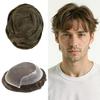 Human Hair System for Men French Lace Front Mens Toupee Human Hair Replacement System Bleached Frontal Knots Male Hair Prosthesis(6X9"-110% Density, 4# MEDIUM BROWN) view 1