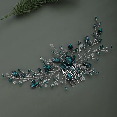 Teyglen Bridal Wedding Gold Silver Dainty Hair Combs Green Rhinestones Crystal Side Hair Comb Flower Crystal Bride Hair Accessories for Women and Girls (Silver Green)