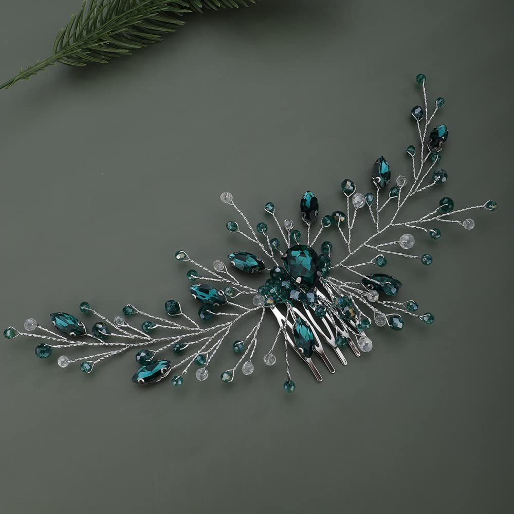 Teyglen Bridal Wedding Gold Silver Dainty Hair Combs Green Rhinestones Crystal Side Hair Comb Flower Crystal Bride Hair Accessories for Women and Girls (Silver Green)