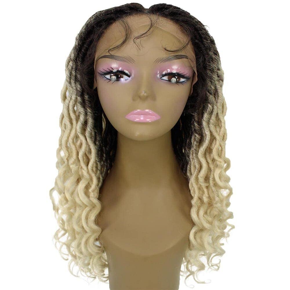 LUXLUXE Andrea 4x4 Curly 37 Inch Long Hand Tied Lace Braid Wig, Beauty Heat Resistant Fiber, (Black to Blonde Ombre)