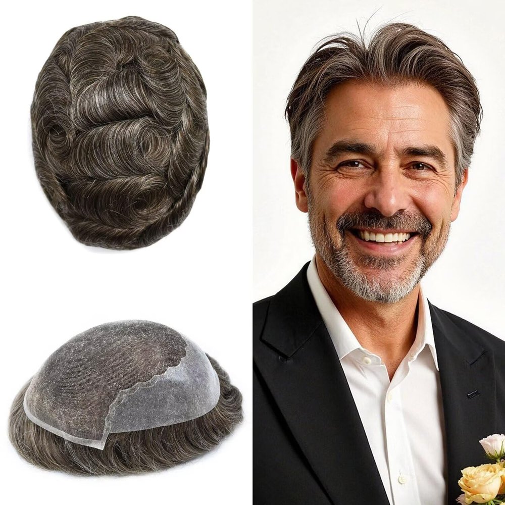 Toupee for Men Real Human Hair Replacement System French Lace Front Mens Toupee Bleached Knots Man Wigs Soft with Gray Hair Units (6X9"-110% Density, 330 3# DARK BROWN WITH 30% SYNTHETIC GREY)