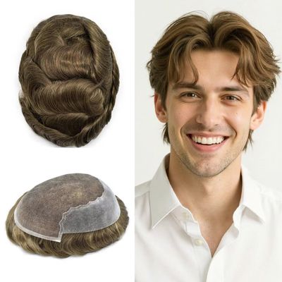 Toupee for Men Real Human Hair Replacement System French Lace Front Mens Toupee Bleached Knots Man Wigs Soft with Gray Hair Units (6X9"-110% Density, 7# VERY LIGHT BROWN)