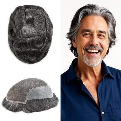 Toupee for Men Real Human Hair Replacement System French Lace Front Mens Toupee Bleached Knots Man Wigs Soft with Gray Hair Units (8X10"-100% Density, 1B65 1B# OFF BLACK WITH 65% SYNTHETIC GREY)