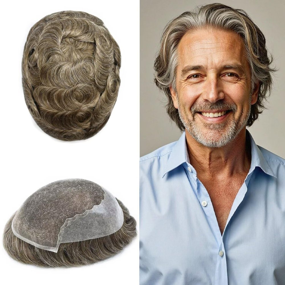 Toupee for Men Real Human Hair Replacement System French Lace Front Mens Toupee Bleached Knots Man Wigs Soft with Gray Hair Units (6X9"-100% Density, 630 6# LIGHT BROWN WITH 30% SYNTHETIC GREY)