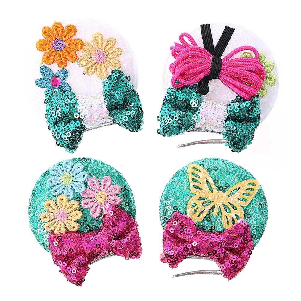 2 Pairs Mouse Ear Clips with Glittering Sequin Bow, Girls' Hair Barrettes Hair Accessories for Theme Birthday Party Festival Decoration (Magic)