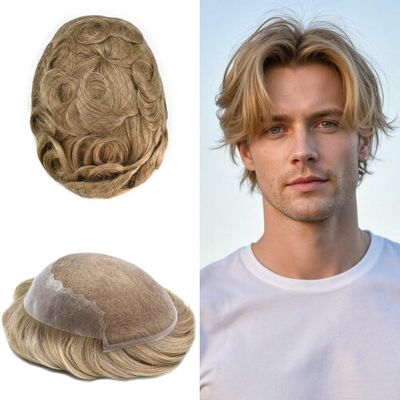 Toupee for Men Real Human Hair Replacement System French Lace Front Mens Toupee Bleached Knots Man Wigs Gray Hair Units (8X10"-100% Density, 2020 20# LIGHT ASH BLONDE WITH 20% SYNTHETIC GRYE)