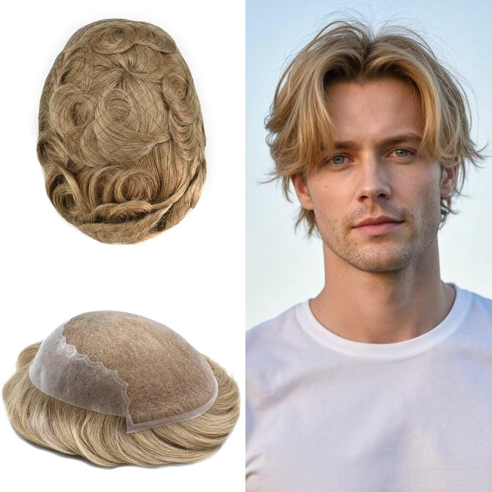 Toupee for Men Real Human Hair Replacement System French Lace Front Mens Toupee Bleached Knots Man Wigs Gray Hair Units (8X10"-100% Density, 2020 20# LIGHT ASH BLONDE WITH 20% SYNTHETIC GRYE)
