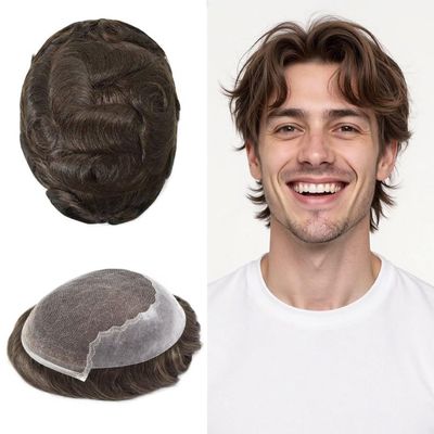 Hair System for Men Lace Front Mens Toupee Human Hair Piece French Lace Toupee for Men Poly Mens Hair Piece Bleached Knots Mens Wig(8X10"-100% Density, 3# DARK BROWN)