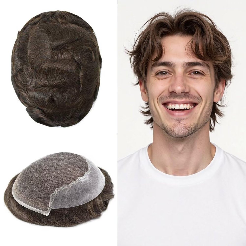Hair System for Men Lace Front Mens Toupee Human Hair Piece French Lace Toupee for Men Poly Mens Hair Piece Bleached Knots Mens Wig(8X10"-100% Density, 3# DARK BROWN)
