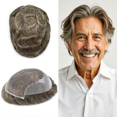 Toupee for Men Real Human Hair Replacement System French Lace Front Mens Toupee Bleached Knots Man Wigs Gray Hair Units (8X10"-110% Density, 740 7# VERY LIGHT BROWN WITH 40% SYNTHETIC GREY)