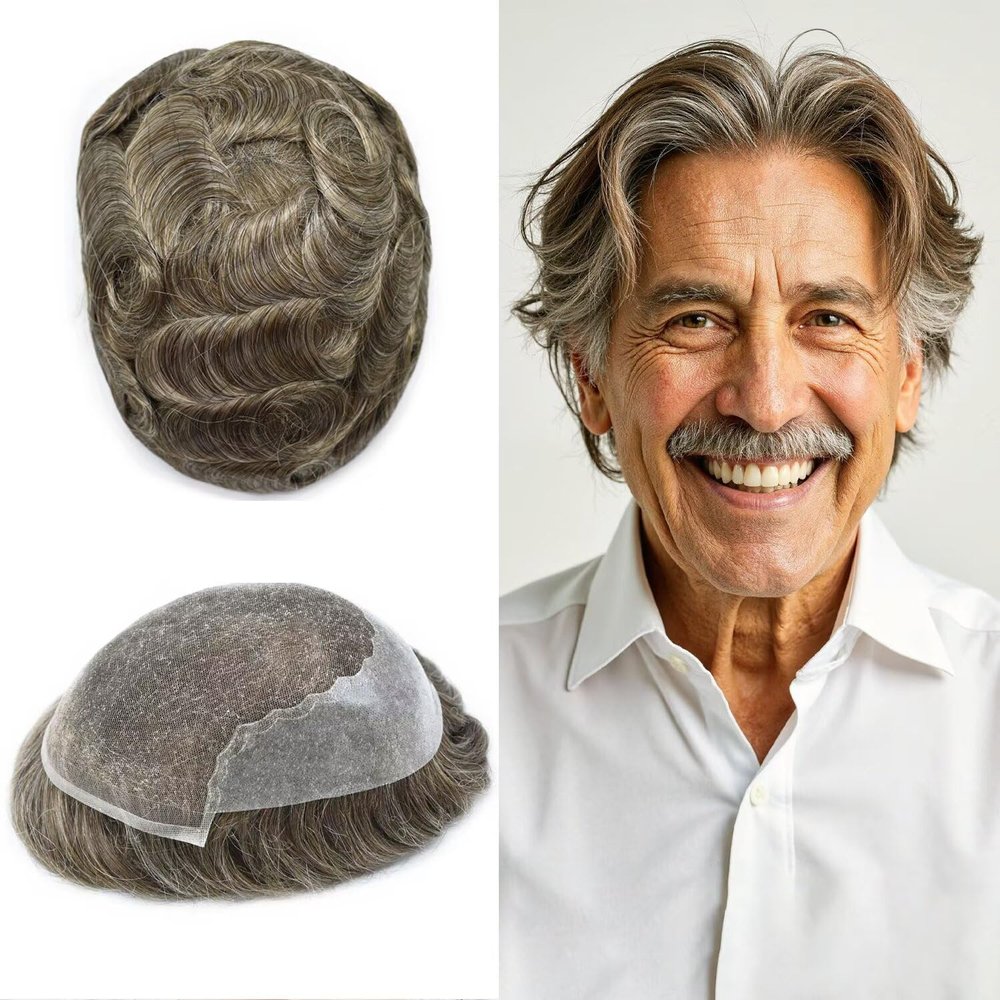 Toupee for Men Real Human Hair Replacement System French Lace Front Mens Toupee Bleached Knots Man Wigs Gray Hair Units (8X10"-110% Density, 740 7# VERY LIGHT BROWN WITH 40% SYNTHETIC GREY)