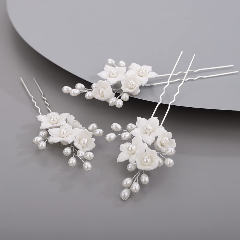 BERYUAN Bridal Flowers Leaves Hair Pins for Bride Women Dainty Pearls Beads Hair Pins for Girls SILVER 3 pcs