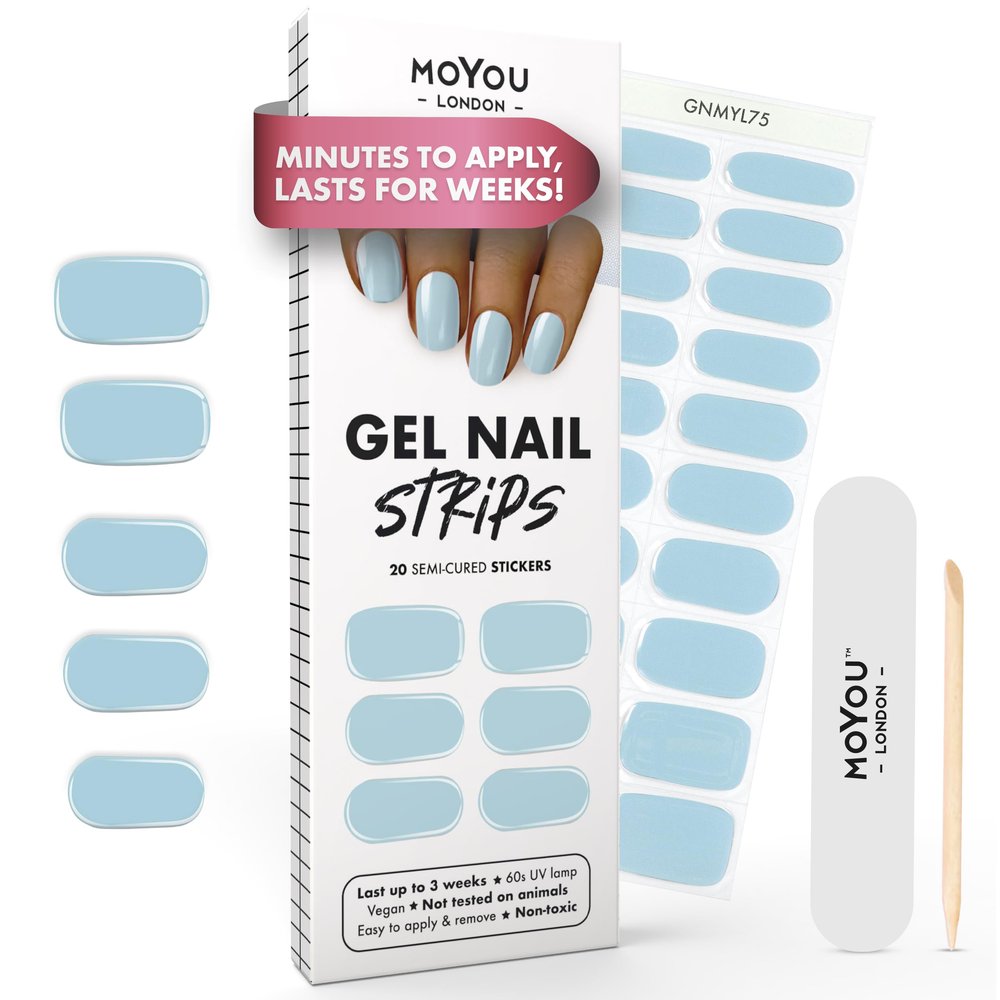 MOYOU LONDON Semi Cured Gel Nail Strips - 20 Pcs. Waterproof Gel Nail Wraps, Cures in Sunlight or UV/LED Lamp, Lasts Up to 2+ Weeks, Stretchable, Easy to Apply & Remove, Vegan & Cruelty-Free