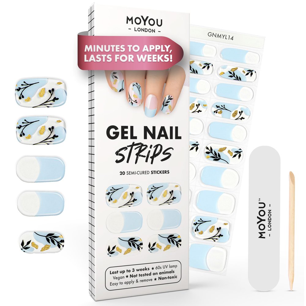 MOYOU LONDON Semi Cured Gel Nail Strips - 20 Pcs. Waterproof Gel Nail Wraps, Cures in Sunlight or UV/LED Lamp, Lasts Up to 2+ Weeks, Stretchable, Easy to Apply & Remove, Vegan & Cruelty-Free