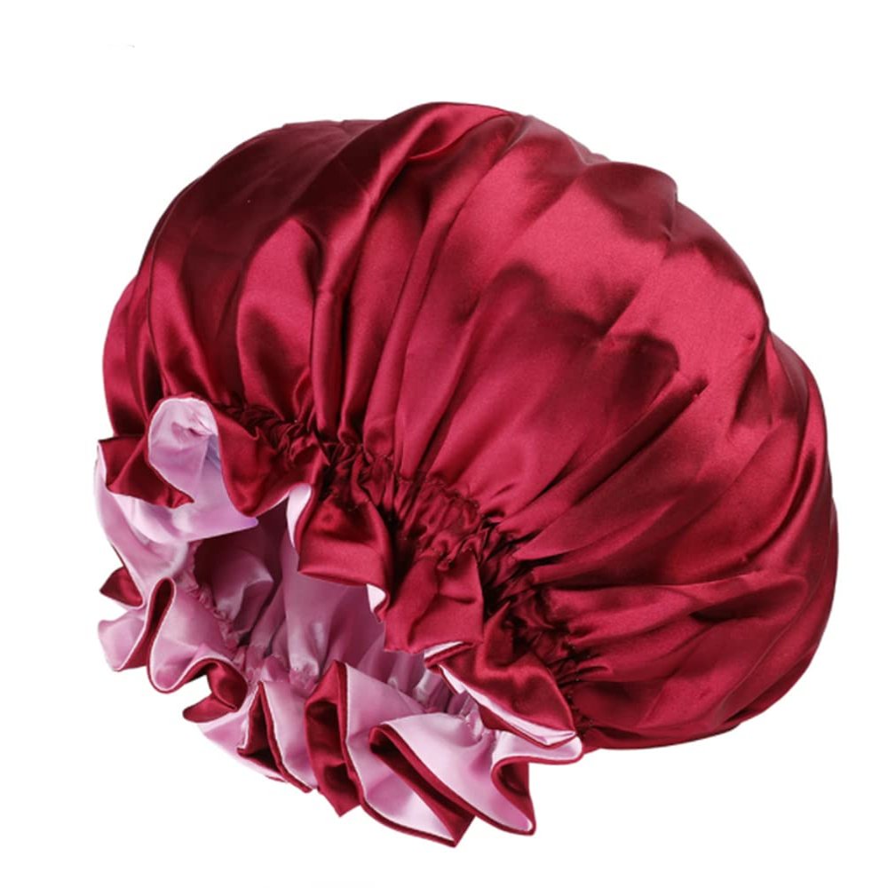 Satin Bonnet Sleeping Cap Women Double Layer Sleep Bonnet Reversible Elastic Night Cap Hair Head Cover Bouffant Shower Cap Wine Red