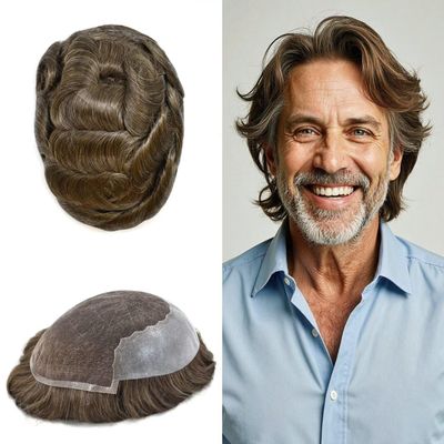 Hair System for Men Lace Front Mens Toupee Human Hair Piece French Lace Toupee for Men Hair Replacement Bleached Knots Mens Wi(6X9"-100% Density, 510 5# MEDIUM LIGHT BROWN WITH 10% SYNTHETIC GREY)