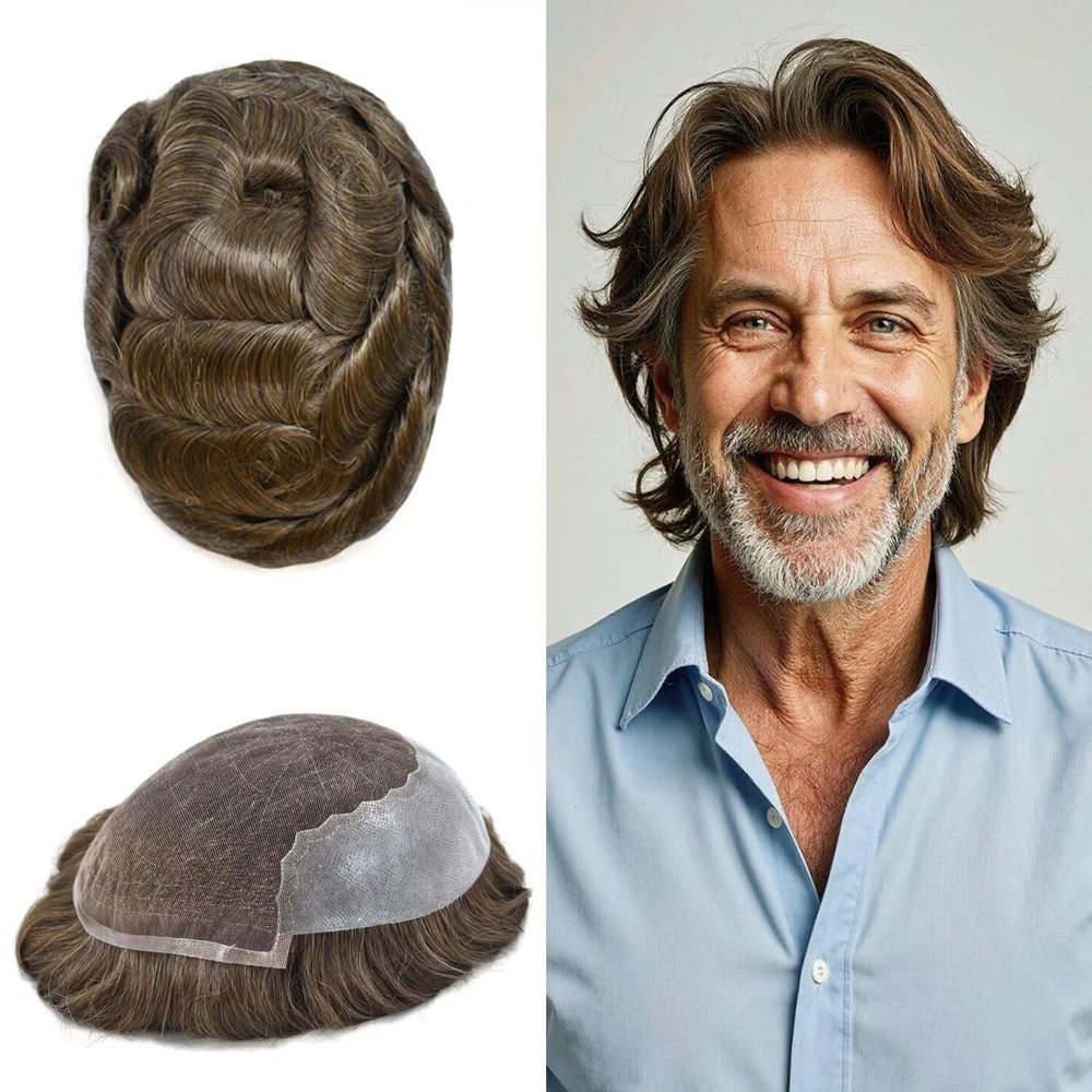 Hair System for Men Lace Front Mens Toupee Human Hair Piece French Lace Toupee for Men Hair Replacement Bleached Knots Mens Wi(6X9"-100% Density, 510 5# MEDIUM LIGHT BROWN WITH 10% SYNTHETIC GREY)