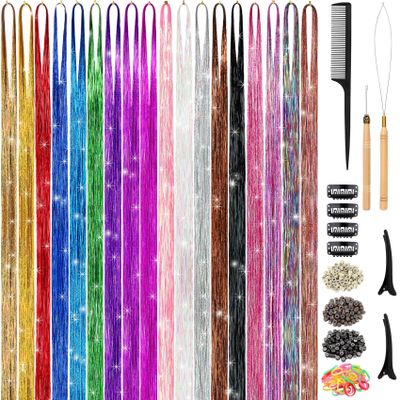 Hair Tinsel Kit (48 Inch, 18 Colors, 4320 strands), Tinsel Hair Extensions with Tools Heat Resistant Fairy Hair Tinsel Kit for Women Girls Hair Accessories