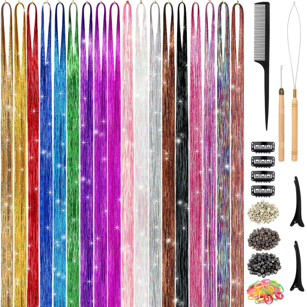 Hair Tinsel Kit (48 Inch, 18 Colors, 4320 strands), Tinsel Hair Extensions with Tools Heat Resistant Fairy Hair Tinsel Kit for Women Girls Hair Accessories