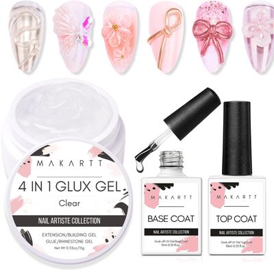 Makartt 4 in 1 Glux Gel Clear Solid Gel Builder Nail 15 ml UV Nail Glue Bundle with Makartt 2pcs No Wipe Top and Base Coat Kit, Soak off UV LED Gels Base and Top Coat
