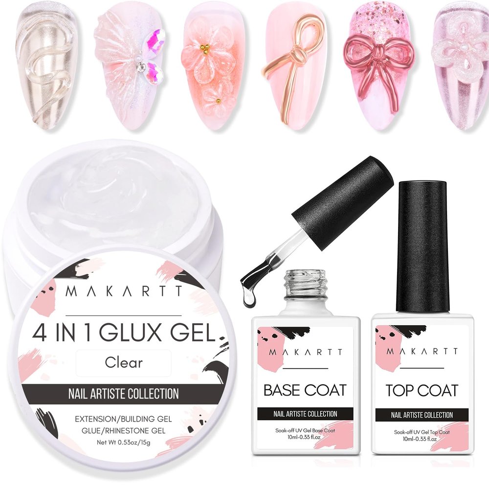 Makartt 4 in 1 Glux Gel Clear Solid Gel Builder Nail 15 ml UV Nail Glue Bundle with Makartt 2pcs No Wipe Top and Base Coat Kit, Soak off UV LED Gels Base and Top Coat