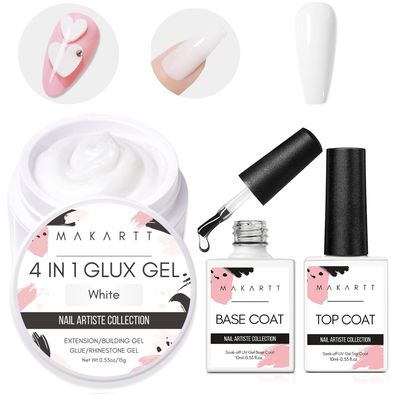 Makartt 4 in 1 Glux Gel White Solid Gel Builder Nail 15 ml UV Nail Glue Bundle with Makartt 2pcs No Wipe Top and Base Coat Kit, Soak off UV LED Gels Base and Top Coat