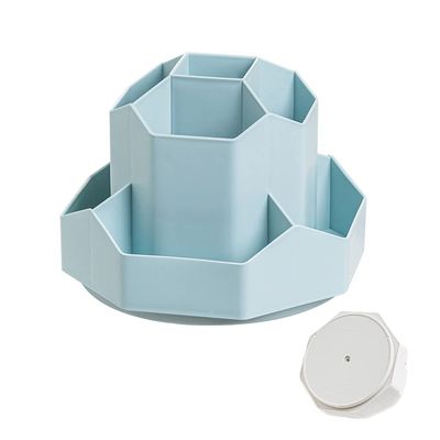 Liemuao Plastic Makeup Brush Organizer for Desk,360-Degree Rotating Multi-Functional Pen Holder with 9 Compartment Home Office Art Supply Storage Organizer (Blue)
