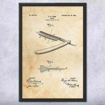 Framed Shaving Straight Razor Print, Barber Shop Decor, Barber Gift, Bathroom Wall Art, Shaving Gift, Fashion Decor Vintage Paper (12x18)