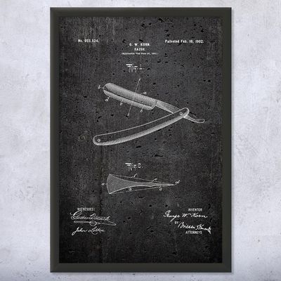 Framed Shaving Straight Razor Print, Barber Shop Decor, Barber Gift, Bathroom Wall Art, Shaving Gift, Fashion Decor Dark Concrete (12x18)