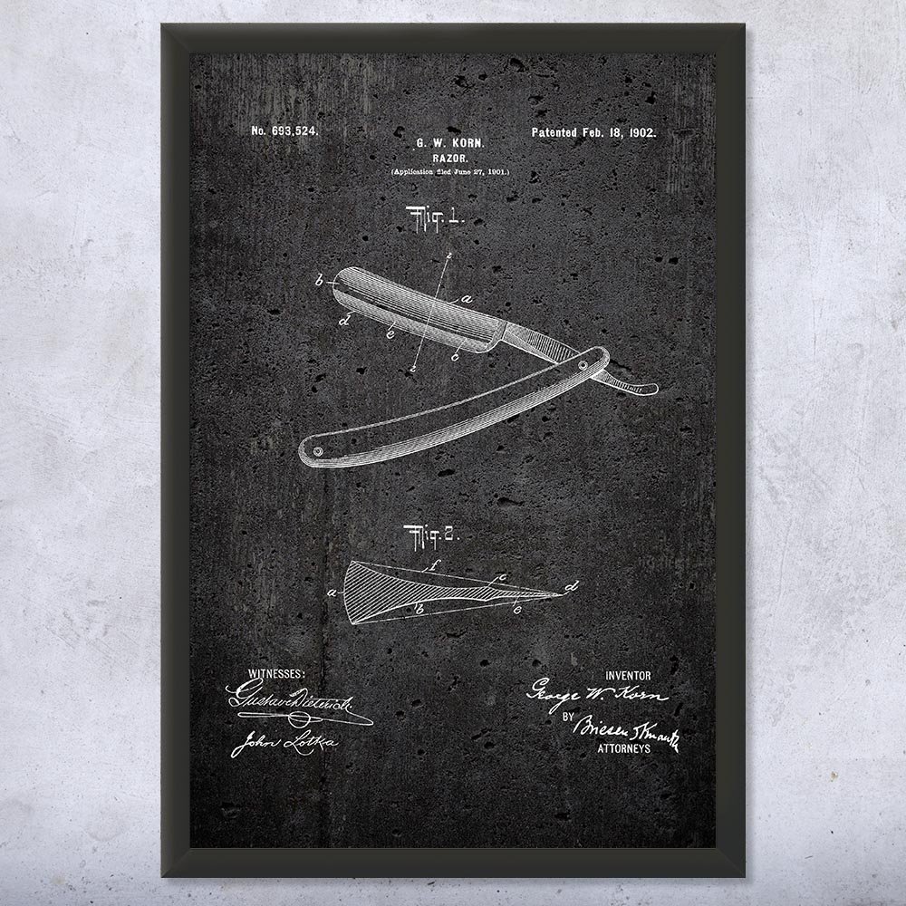 Framed Shaving Straight Razor Print, Barber Shop Decor, Barber Gift, Bathroom Wall Art, Shaving Gift, Fashion Decor Dark Concrete (12x18)