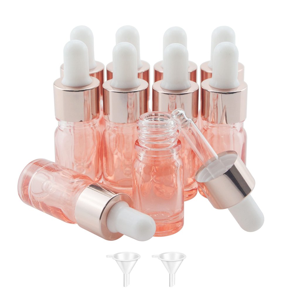 Wwolife 10 PCS 1/6oz (5ml) Rose Gold Glass Dropper Bottles Perfume Aromatherapy Cosmetic Container Essential Oils Sample Mini Empty Dropper Bottles with Funnel Include