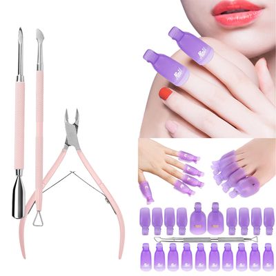 Makartt Cuticle Trimmer with Cuticle Pusher 3 PCS Pink Nippers Nail Cuticle Bundle with Gel Nail Polish Remover Clips Kit