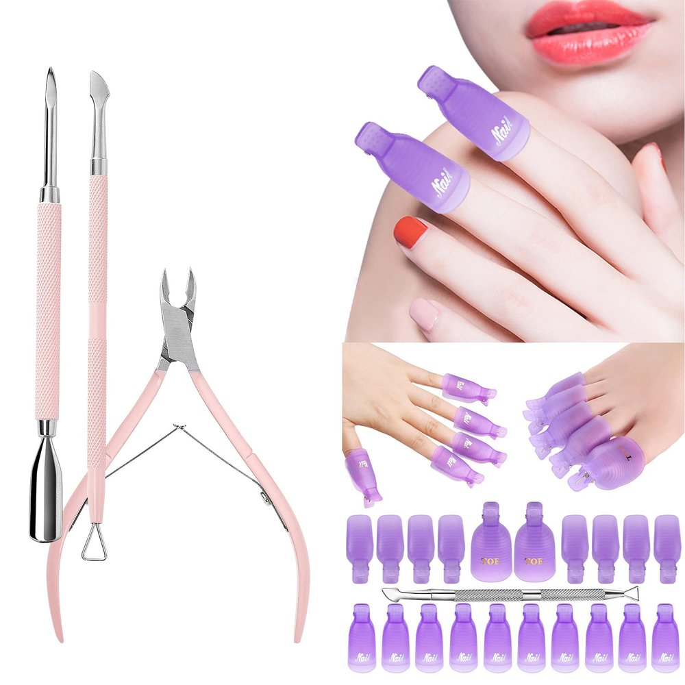 Makartt Cuticle Trimmer with Cuticle Pusher 3 PCS Pink Nippers Nail Cuticle Bundle with Gel Nail Polish Remover Clips Kit