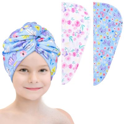 Basumee Microfiber Hair Towel Wrap for Kids 2 Pack Rapid Drying Hair Towel with Button Hair Turbans for Wet Hair Wraps Head Towel Wrap for Women and Girls, Flower