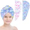 Basumee Microfiber Hair Towel Wrap for Kids 2 Pack Rapid Drying Hair Towel with Button Hair Turbans for Wet Hair Wraps Head Towel Wrap for Women and Girls, Flower view 1