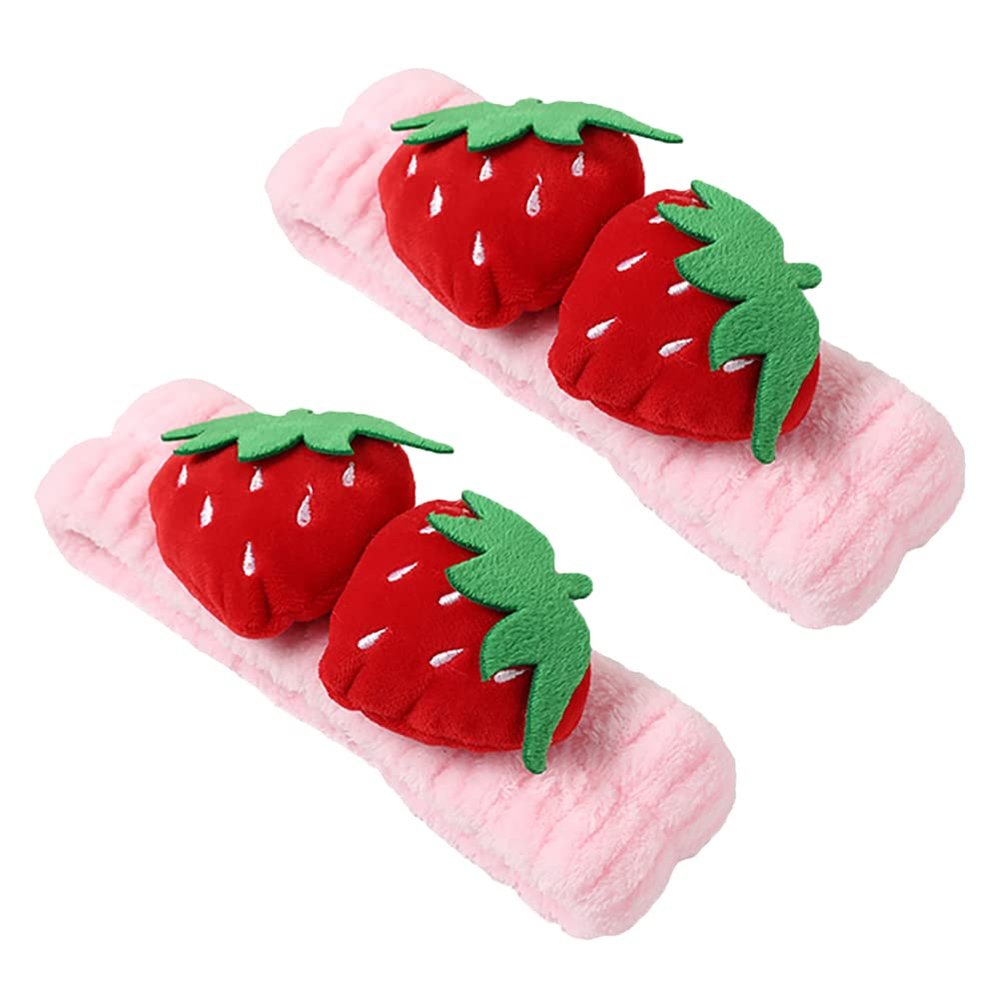 2 Pcs Cute Strawberry Coral Fleece Headbands Washing Face Hairband Fuzzy Skincare Head Wraps Soft Facial Makeup Head Band Spa Shower Hair Band for Women Girls
