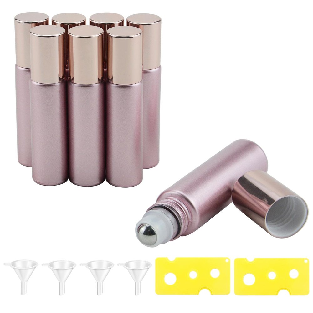 Wwolife 8PCS 10ml Rose Gold Frosted Glass Essential Oil Roller Bottles Leak Proof Glass Bottle with Stainless Steel Balls and Anodized Aluminum Screw Cap for Perfume & Aromatherapy Oils