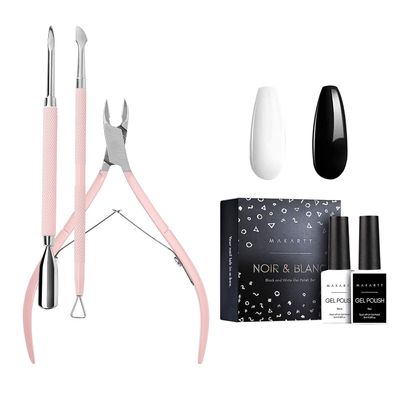 Makartt Cuticle Trimmer with Cuticle Pusher, 3 PCS Pink Nippers Bundle with Gel Nail Polish Kit,Black White Nail Polish Gel Set Noir & Blanc