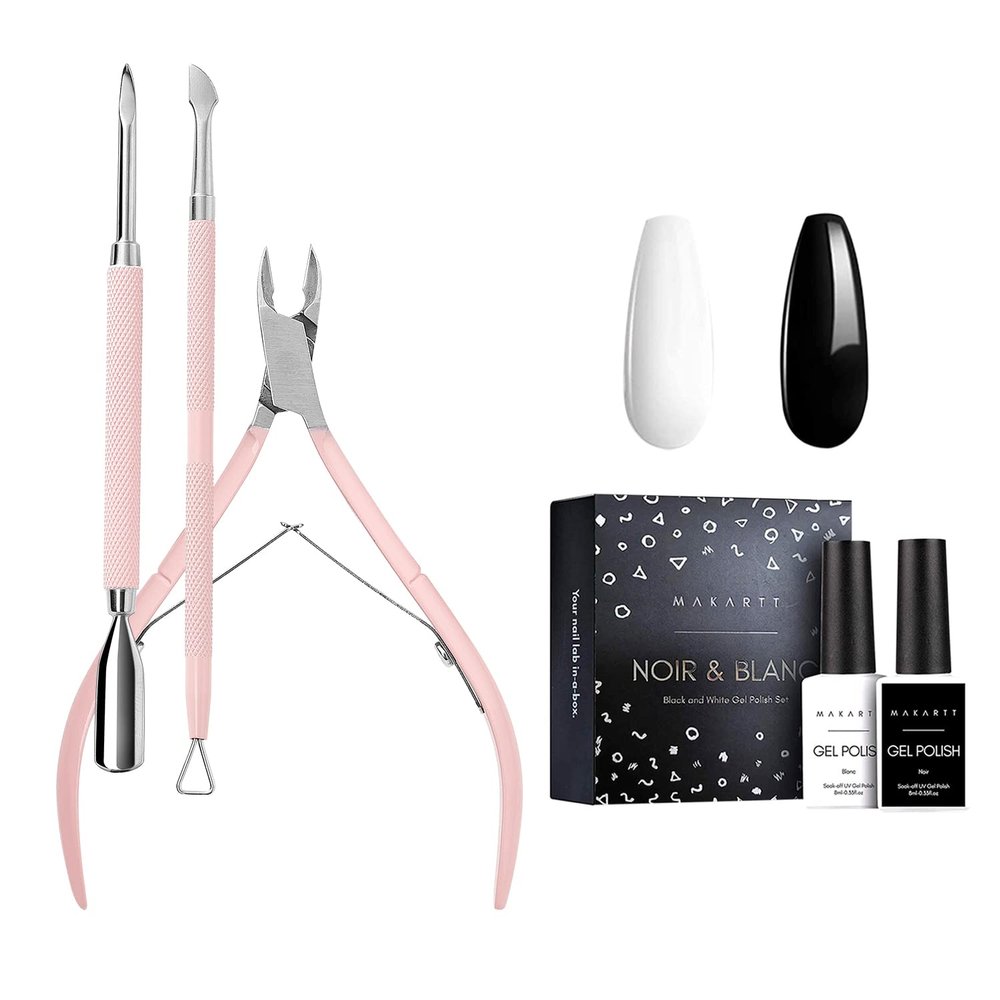 Makartt Cuticle Trimmer with Cuticle Pusher, 3 PCS Pink Nippers Bundle with Gel Nail Polish Kit,Black White Nail Polish Gel Set Noir & Blanc